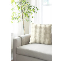 Coussin décoratif sur un canapé à côté d''une plante d''intérieur.
