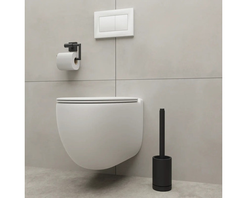 WC suspendu avec porte-papier toilette et brosse de toilette dans une salle de bain.