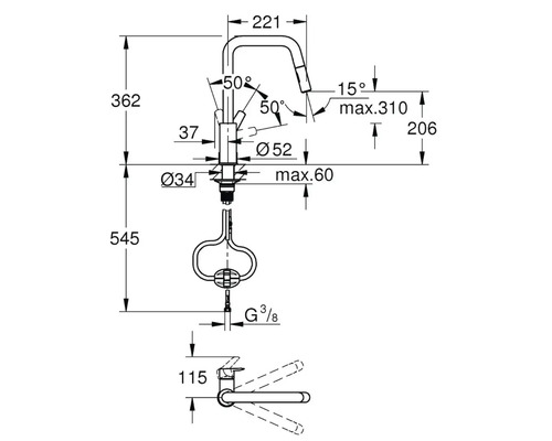 Schéma technique d''un robinet de cuisine avec dimensions