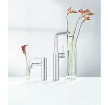 Scène avec deux robinets Grohe chromés et des compositions florales dans des verres