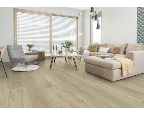Salon lumineux avec canapé, fauteuil et parquet clair