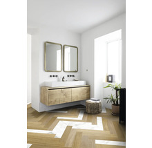 Salle de bains avec meuble-lavabo, deux miroirs et plantes