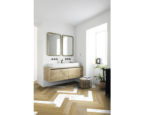 Salle de bains avec meuble-lavabo, deux miroirs et plantes