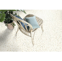 Sol clair avec aspect terrazzo, une chaise en rotin avec coussins et une plante d''intérieur