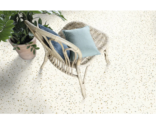 Sol clair avec aspect terrazzo, une chaise en rotin avec coussins et une plante d''intérieur