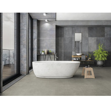 Salle de bains moderne avec baignoire îlot, lavabo et plante d''intérieur