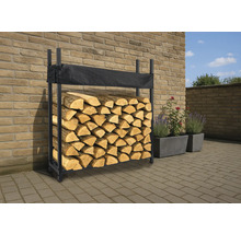 Brennholzregal aus Metall mit Abdeckung, gefüllt mit Holz