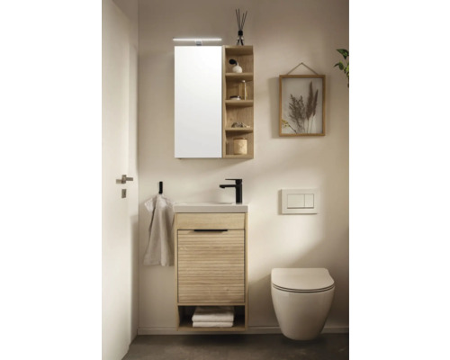 Badezimmer mit Waschtisch, Spiegelschrank und Toilette