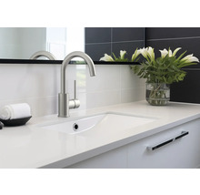 Salle de bains moderne avec lavabo, robinet, miroir et fleurs