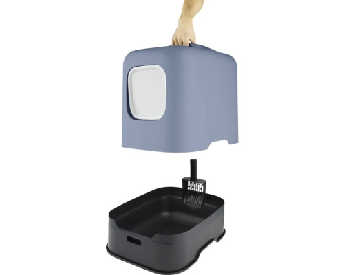 Katzentoilette mit Haube, Schaufel und Hand am Griff