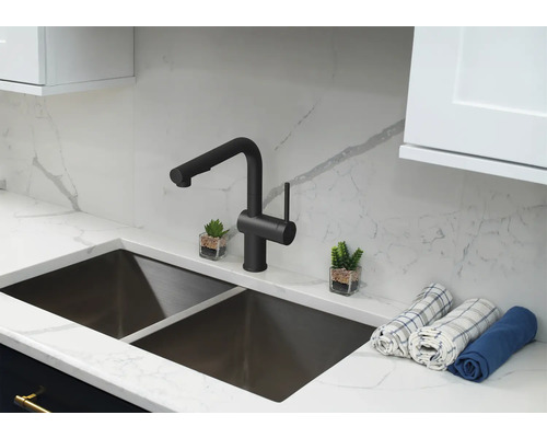 Évier de cuisine avec robinet, plan de travail et décoration