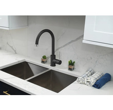 Évier de cuisine avec robinet noir et double vasque