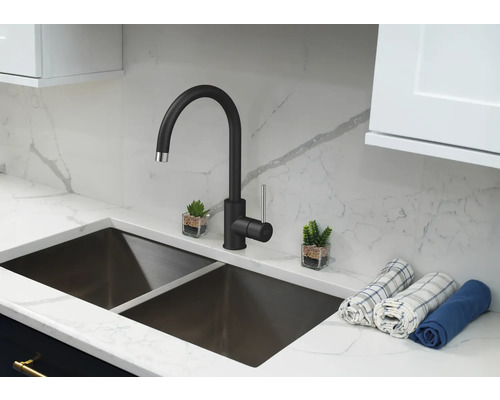 Évier de cuisine avec robinet noir et double vasque