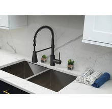 Robinet d''évier avec ressort spiralé et double évier dans un environnement de cuisine moderne.