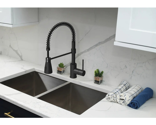 Robinet d''évier avec ressort spiralé et double évier dans un environnement de cuisine moderne.