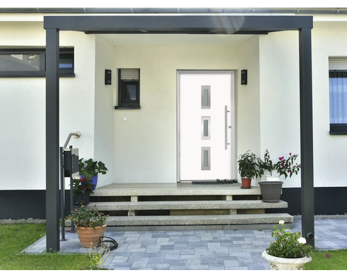 Espace d''entrée d''une maison avec porte d''entrée, escalier et plantes