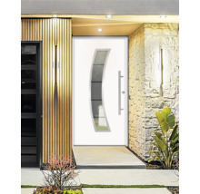 Moderne Haustür mit Glasausschnitt und Edelstahlgriff