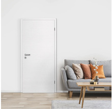 Zimmertür aus Holz mit Beschlägen in einem modern eingerichteten Wohnzimmer