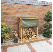 Holzlagerregal aus Holz mit Abdeckung im Garten