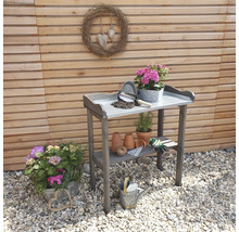 Gartenszene mit Anzuchttisch, Pflanzen und Gartengeräten auf Kies