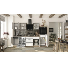 Cuisine claire avec placards intégrés, lave-vaisselle, évier, plaque de cuisson, hotte aspirante, four et réfrigérateur