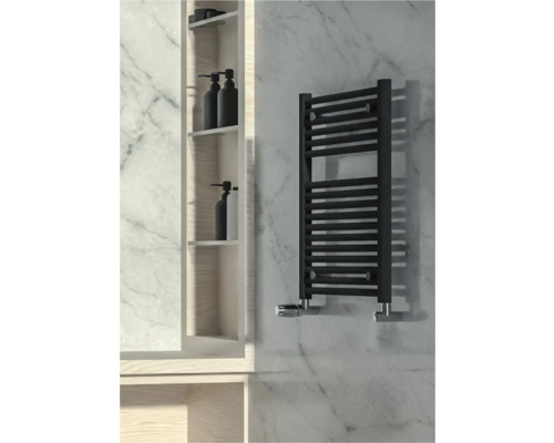 Radiateur de salle de bains Rotheigner CLASSIC 690 x 600 mm noir mat Salle de bains avec sèche-serviettes et étagères.