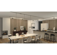 Salon lumineux avec table à manger, chaises, îlot de cuisine et système de rails avec lampes