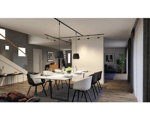 Modernes Esszimmer mit Esstisch, Stühlen und Schienenstrahlern