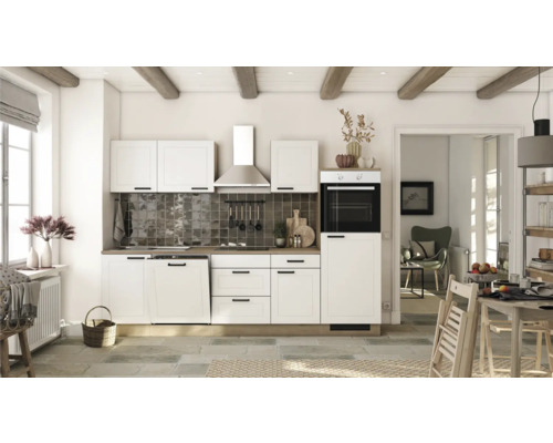 Ensemble de cuisine avec appareils Julia 280 cm blanc mat démonté Variante réversible 00012830 Cuisine claire avec armoires blanches, hotte aspirante et four