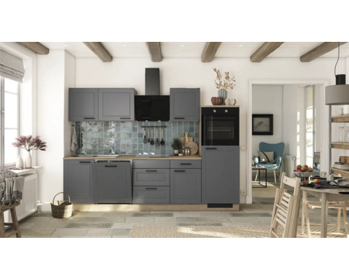 Ensemble de cuisine avec appareils Romeo 280 cm anthracite mat démonté Variante réversible 00012878 Cuisine lumineuse avec armoires grises, plans de travail en bois et carrelage