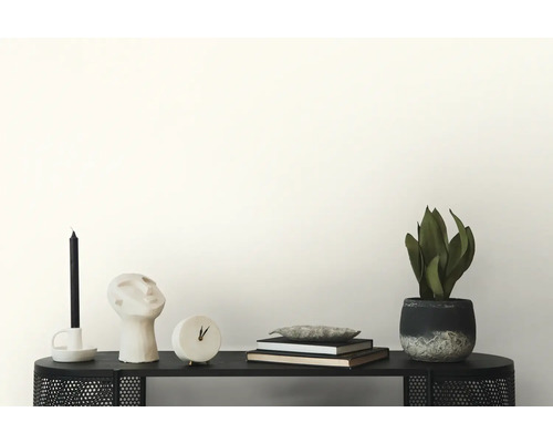 Dekorative Gegenstände auf einem schwarzen Regal: Kerze, Skulptur, Uhr, Bücher und Zimmerpflanze