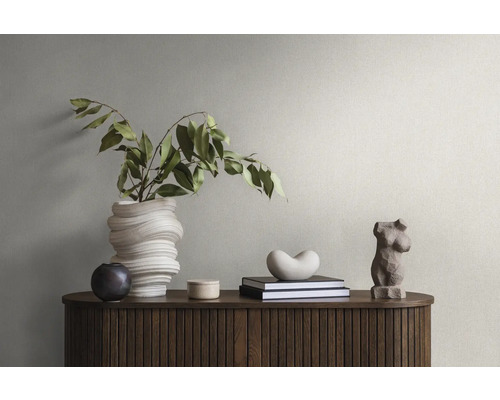 Dekorative Elemente auf einem Holzschrank mit Rillenstruktur: eine gewundene Vase mit Zweigen, eine kleine Kugel, eine Dose, Bücher, eine Herzform und eine weibliche Torsoskulptur.