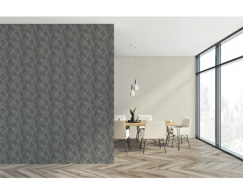 Salle à manger moderne avec papier peint gris et parquet