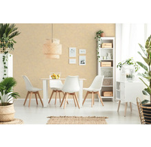 Salle à manger lumineuse avec table, chaises, suspension et plantes d''intérieur décoratives