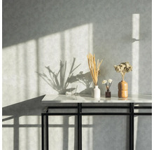 Fleurs séchées décoratives dans des vases sur une table devant un mur texturé avec des ombres.