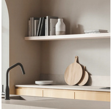 Scène de cuisine avec évier, robinet, vaisselle, planches à découper et décoration sur une étagère