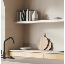 Scène de cuisine avec évier, robinet, étagères et accessoires.