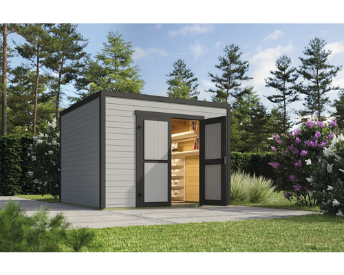 Gartenhaus Outdoor Life Fynn 3 300 x 304,6 cm hellgrau Gartenhaus mit geöffneten Flügeltüren und Regalen