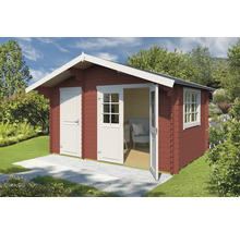 Abri de jardin avec porte double, porte simple et fenêtre dans le jardin.