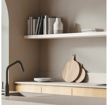 Évier de cuisine avec robinet, planches à découper en bois, vaisselle et décoration sur une étagère