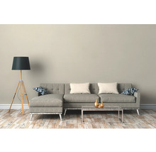 Salon avec canapé d''angle gris, lampadaire et table basse