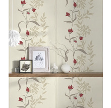 Papier peint à motif floral rouge et beige