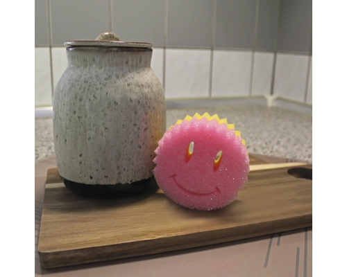 Keramikdose mit Deckel und ein Spülschwamm mit Smiley-Gesicht auf einem Holzbrett
