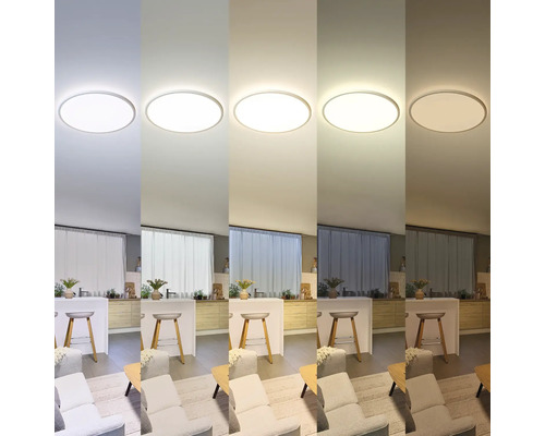Plafonnier présenté dans différentes températures de couleur dans un espace de vie.