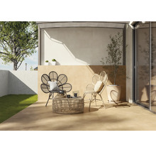 Terrasse mit Rattansesseln in Blumenform und einem runden Rattantisch