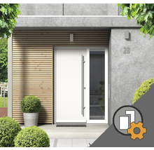 Porte d''entrée moderne avec partie latérale et longue poignée en acier inoxydable