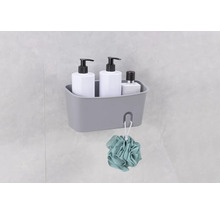 Panier de douche gris avec shampooing, savon et fleur de douche