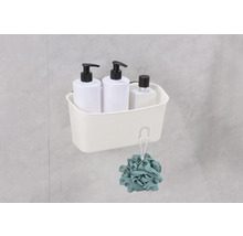 Panier de douche blanc avec gel douche et fleur de douche au mur