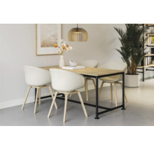 Salle à manger avec table, chaises et suspension.