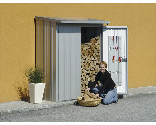 Frau füllt Holz in einen Korb vor einem Holzschuppen mit Werkzeughalterung an der Tür.